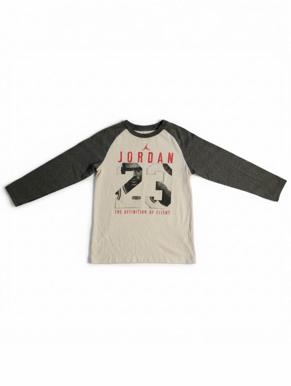 Jordan Jumpman White and Gray Long Sleeve '23 Raglan Boy's Tee, EUC, L Youth